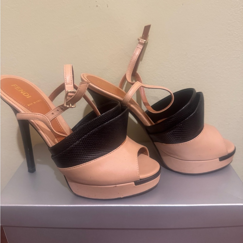 Fendi Black and Tan Peep-Toe Heels - Picture 2 of 5